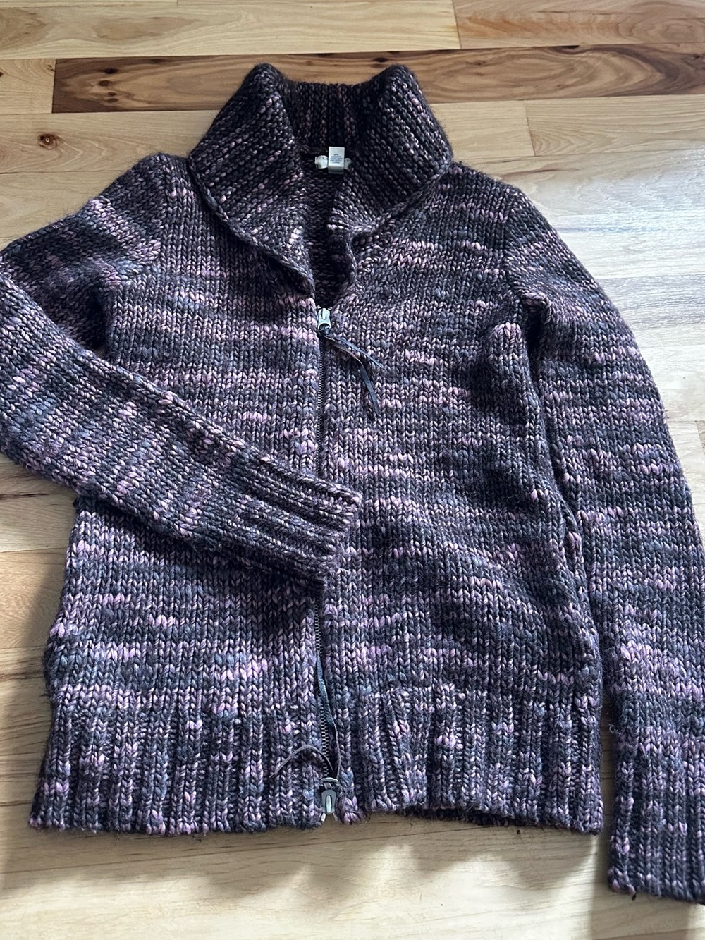 Lands' End Canvas Heathered Plum Zip-Front Chunky Knit Cardigan 2 pockets